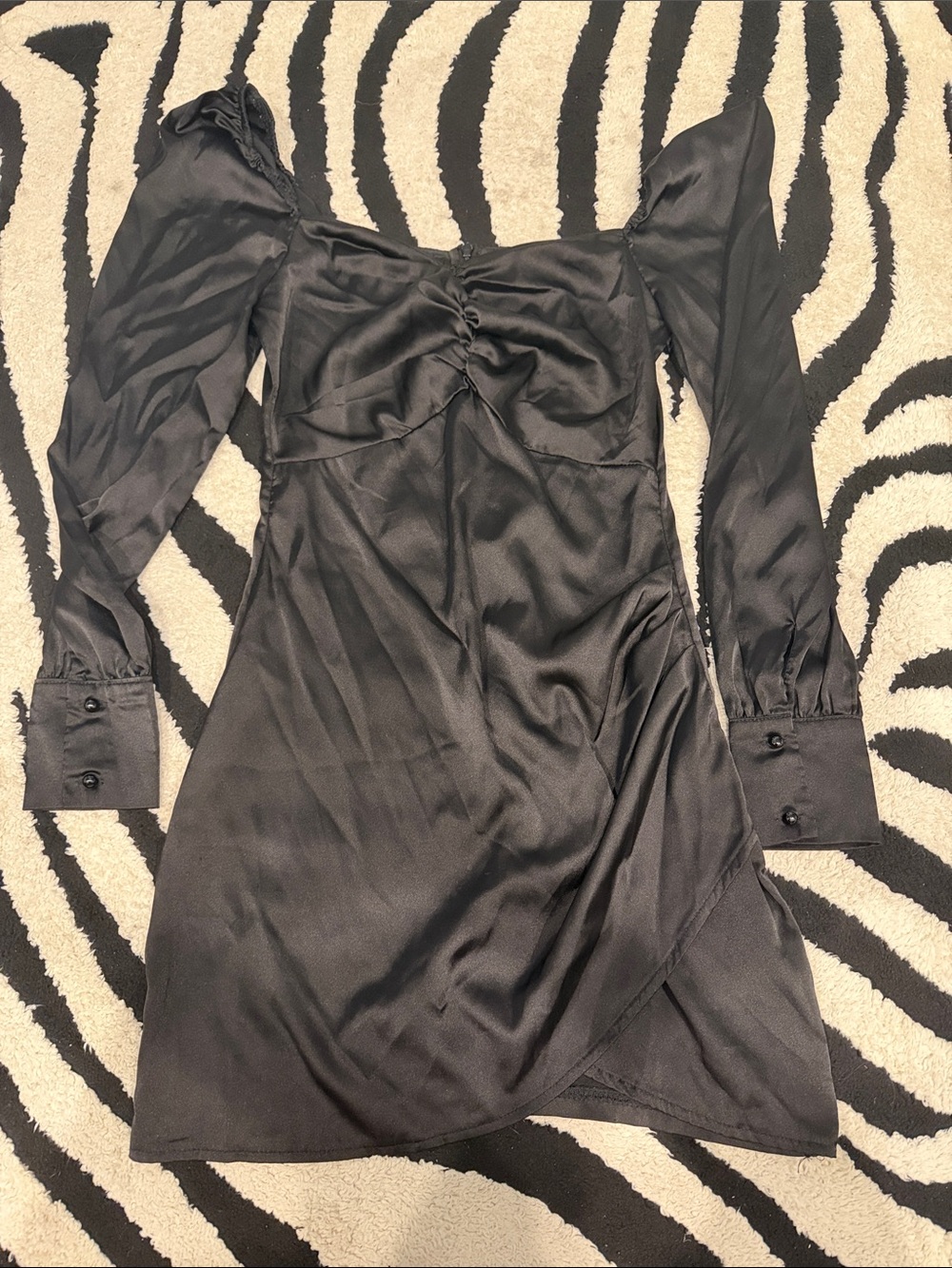 Parisian Works off the shoulder Black Satin Long Sleeve Ruched Mini Dress
